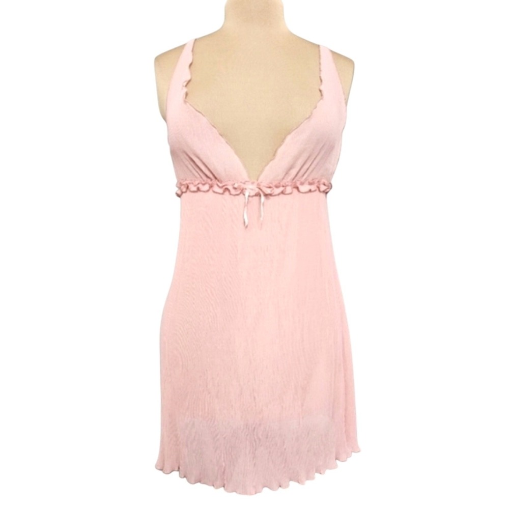 Vintage Pink Accordion‎ Pleated Plunge V NecklineThin Strap Nightie Babydoll Y2K